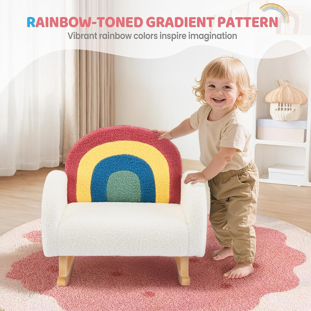 JOYMOR Kids Chair, Teddy Fleece Toddler Rocking Chair with Solid Wood Legs, Anti-Tip Design, Kids Sofa for Nursery, Playroom, Rainbow