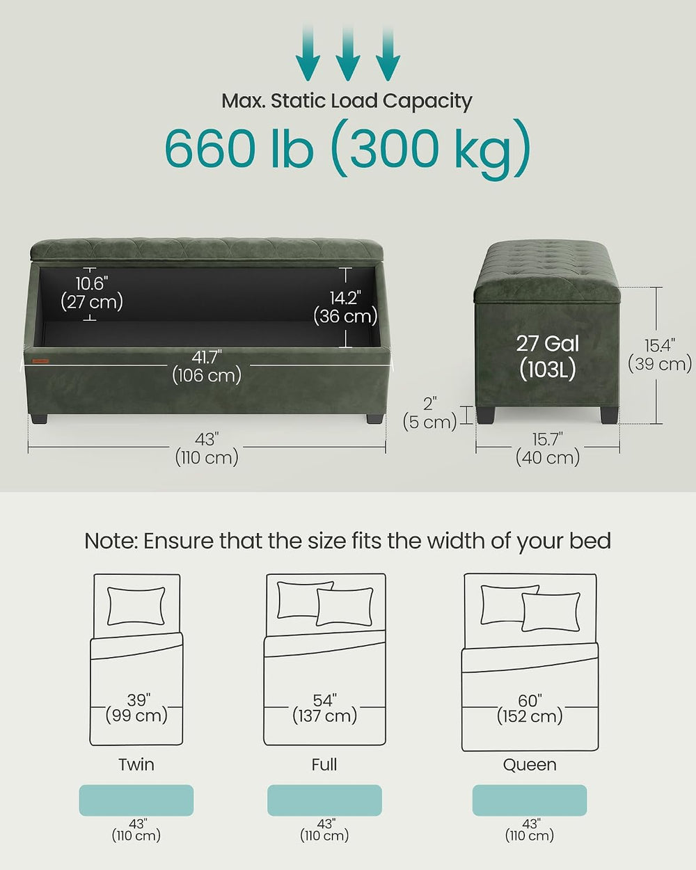SONGMICS Velvet Storage Ottoman Bench, Foot Rest with Legs, 15.7 x 43 x 15.7 ...