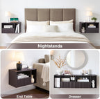 Modern Espresso Fluted Floating Nightstand with Charging Station, NightStand with Drawers, Bedside with USB Ports and Outlets, Bedroom Furniture (Right)