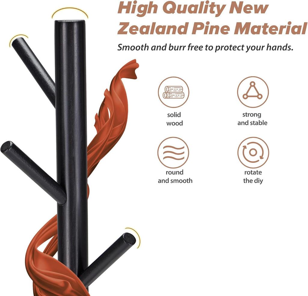 Coat Rack, Coat Racks Freestanding with 8 Hooks 3 Adjustable Heights for Clothes, Hats, Handbags, Coat Tree Easy Assembly for Entryway, Bedroom, Hallway, Office(Black)