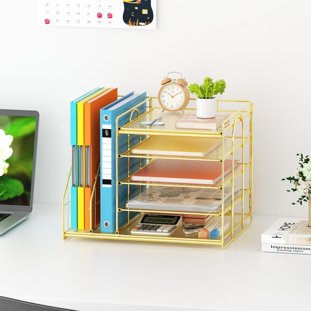 Marbrasse Desk Organizer with File Holder, 5-Tier Paper Letter Tray, Mesh Desk Organizers and Accessories with Magazine Holder, Desktop Organizer and Storage for Office Supplies (Gold)