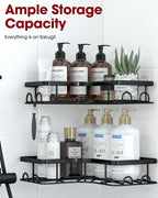 Corner Shower Caddy - 2 Pack, Adhesive Shower Organizers, Rustproof Stainless Steel Shower Shelves with 8 Hooks, No Drilling Bathroom Organizers and Storage Racks, Space-Saving, Black,Medium