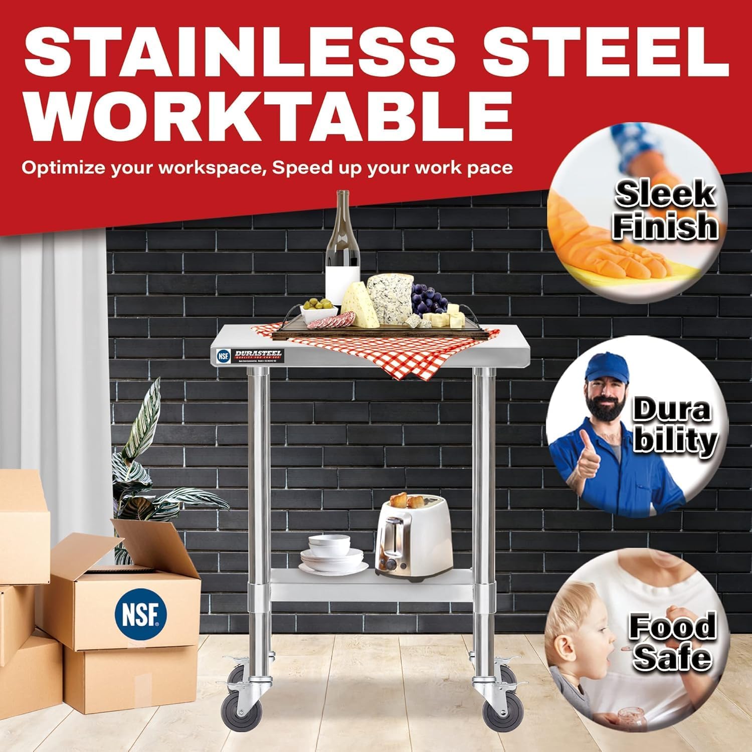 DuraSteel 30x12 NSF Stainless Steel Cart Work Table - Heavy Duty Rolling Food Prep Table - Metal Utility Cart on Wheels Caster, Grill Stand Microwave Outdoor Kitchen Tables Countertop Island Top Vevor