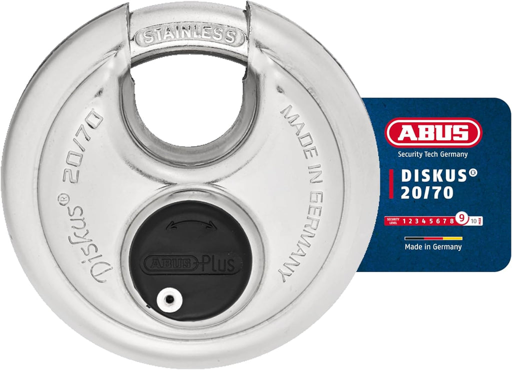 ABUS 20/70 Heavy Duty Diskus Storage Padlock with 2 Keys for Storage, Outdoor, Commercial, 2.75in (70mm) Wide, Keyed Alike 323614