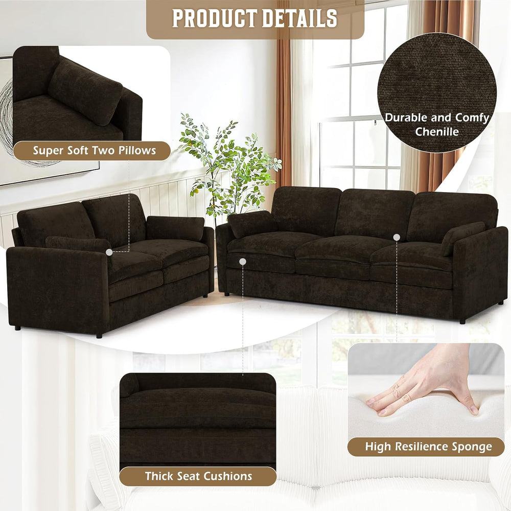 Comfy Chenille Sofa Set with Well-Filled Pillows, Brown | Modern 3 Seater &am...