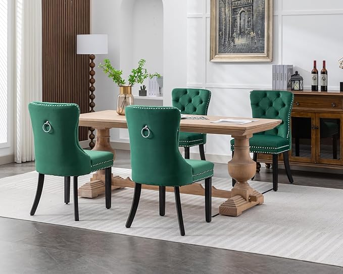 KCC Velvet Dining Chairs Set of 4, Upholstered High-end Tufted Dining Room Chair with Nailhead Back Ring Pull Trim Solid Wood Legs, Nikki Collection Modern Style for Kitchen, Green