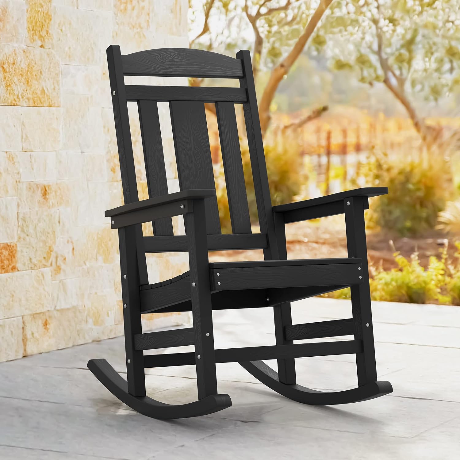LUE BONA Rocking Chair Outdoor, Weather Resistant Poly Plastic Rocker Chairs, 350lb Heavy Duty, Oversized Porch for Adult, High Back Smooth Chairs Outdoor & Indoor, Black