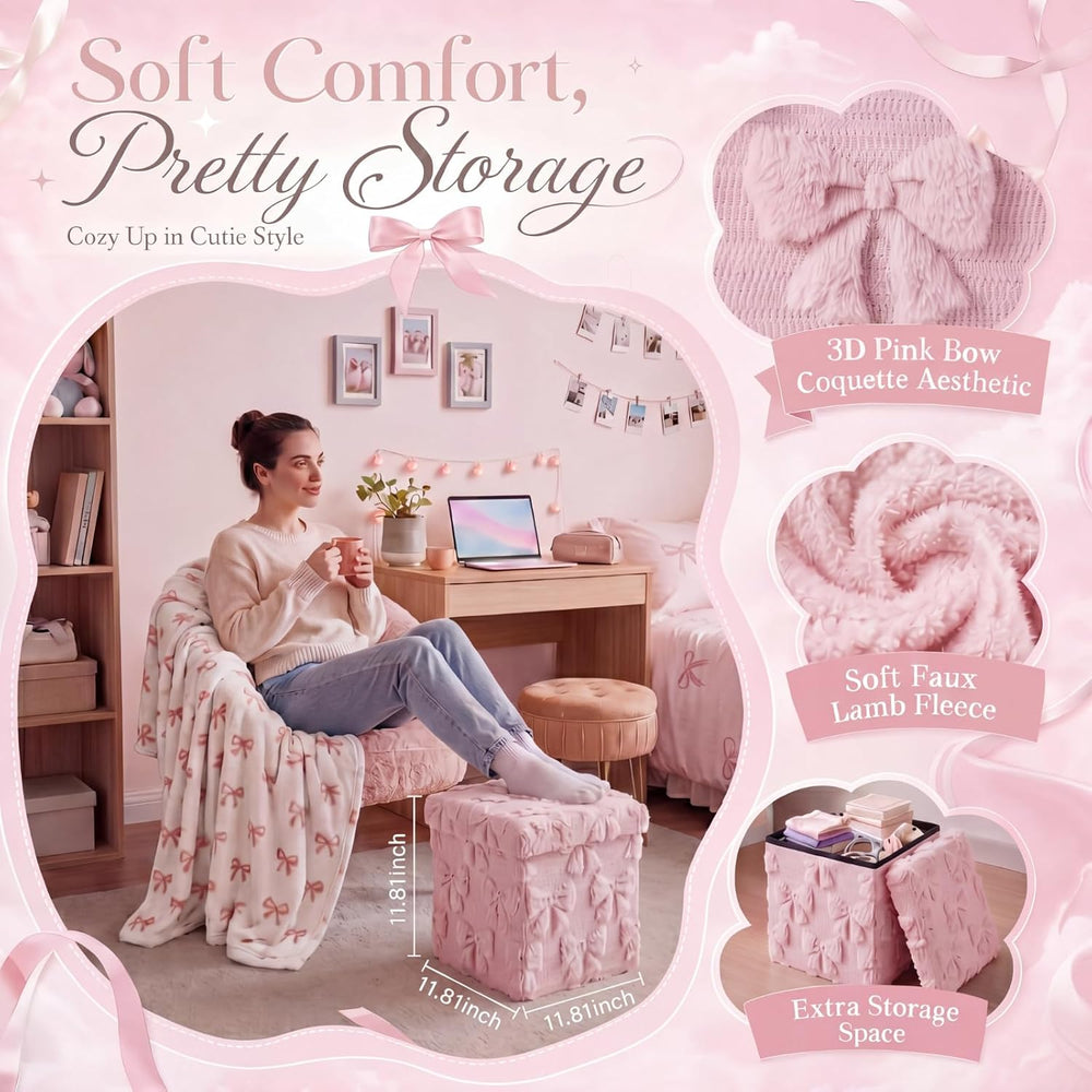 RattanView Storage Ottoman Dorm 12 Inch Pink Bow Cube Ottoman Dorm Back to Sc...
