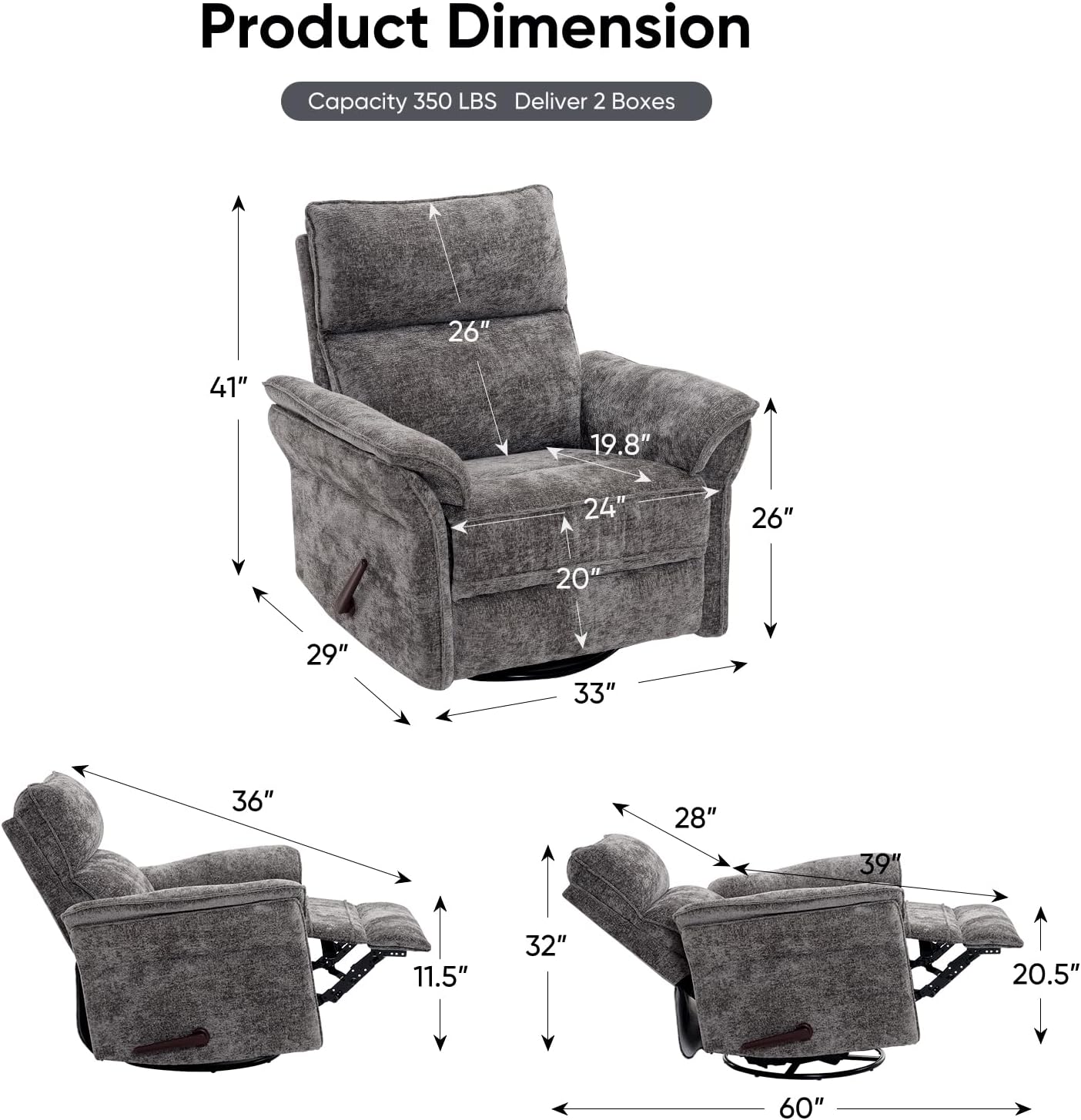 Oversized Glider Rocker Recliner, 24" Extra Wide 360° Swivel Nursery Recliner with Adjustable Headrest, Chenille Rocking Nursery Chair with Overstuffed Armrest, Lumbar Support, Dark Grey