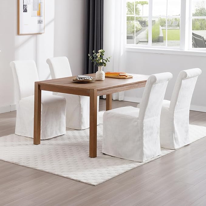 Parsons Dining Chairs Set of 4 Fabric Upholstered Kitchen Chairs with Wood Legs Armless High Back Side Chairs with Removable Skirt for Dining/Living Room,Banquet, Beige