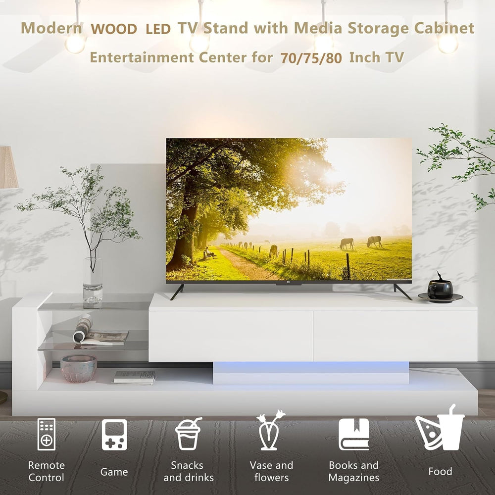 BAMACAR White TV Stand - Long Entertainment Center for 70-80 Inch TVs with St...