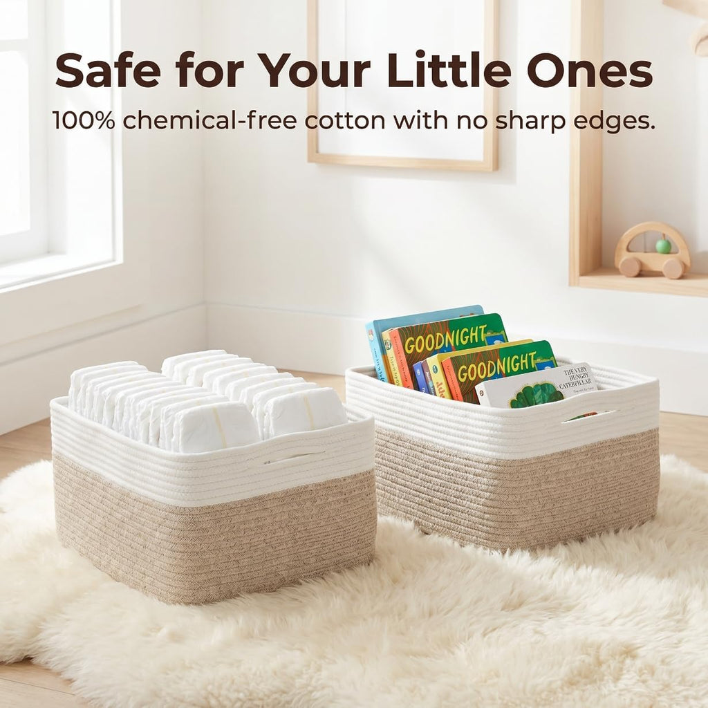Large Storage Basket for Shelves 16.8”x13”x7.5”2 Pack | Large Baskets for Storage, Soft Cotton Rope Woven Baskets for Shelves, Closet, Laundry, Bathrooms, Blanket, Clothes, Closet