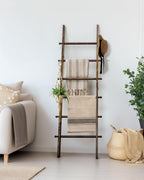 TEAKMAMA 6-Tier 5.4ft Blanket Ladder with Hanging Knobs Rustic Brown | Farmhouse Wall Leaning Solid Wood Scratch & Slip Proof Quilt Rack, Living Room Bedroom Bathroom, Xmas Deco, Easy Setup
