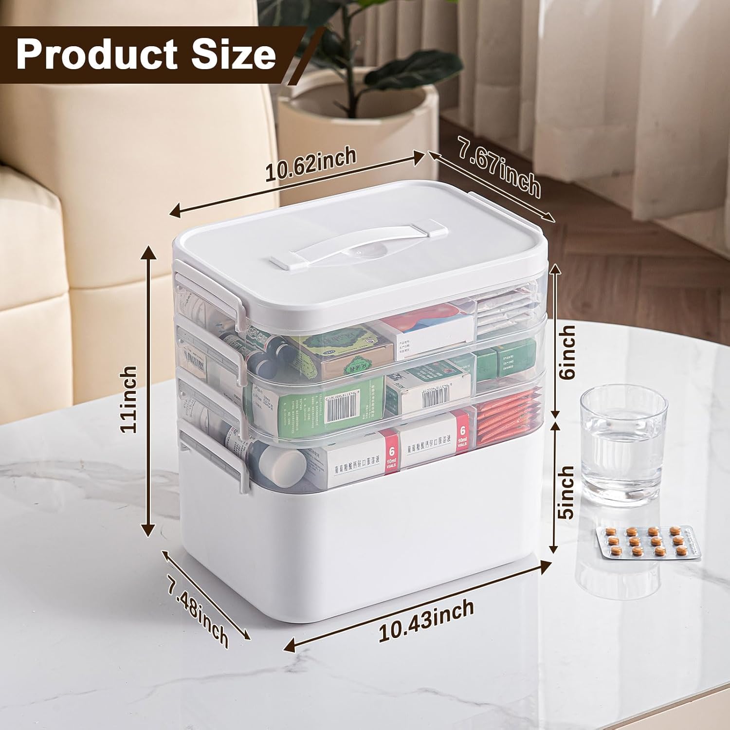 4-Tier Portable Medicine Cabinet Organizer, Large Medicine Storage Box with Handle, Plastic First Aid Box Empty, Multipurpose Medical Supply Organizer, Medication Storage with 3 Removable Tray