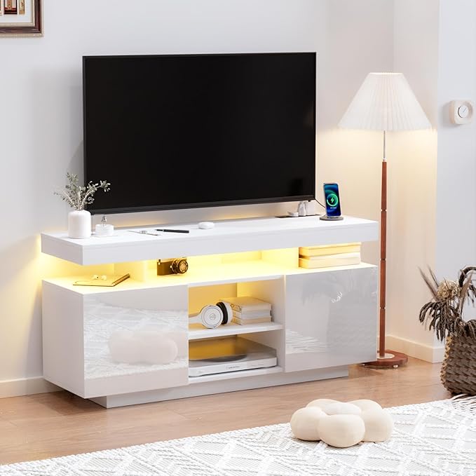 HOMMPA Modern LED TV Stand for 55/50/43/40/32 inch TV with Power Outlets, Gam...