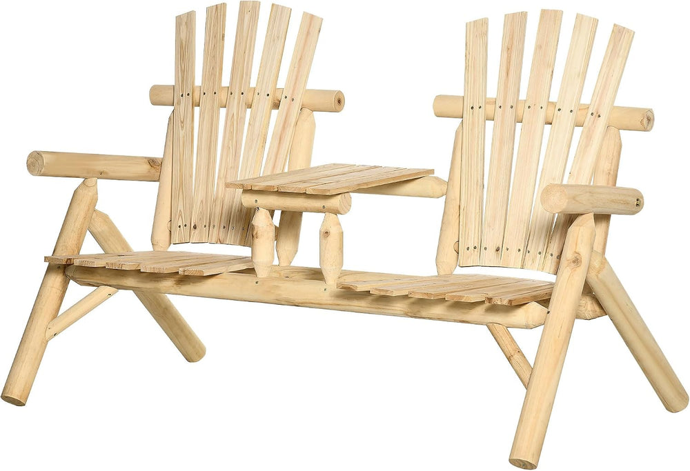 Adirondack Loveseat Chair, 2-Seat Wooden Patio Bench with Built-in Table, Out...