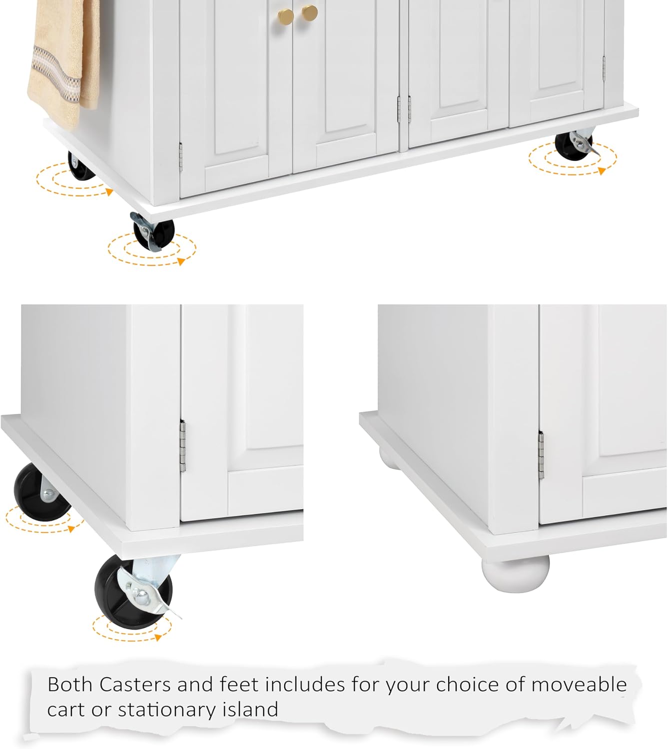 Finnhomy Rolling Kitchen Island With Drop Leaf, Thicken Rubberwood Top, Spice Rack, Towel Rack, Drawer, 43.3" Portable Mobile Kitchen Island Carts Table, Storage Cabinet, Both Wheels and Feet Included