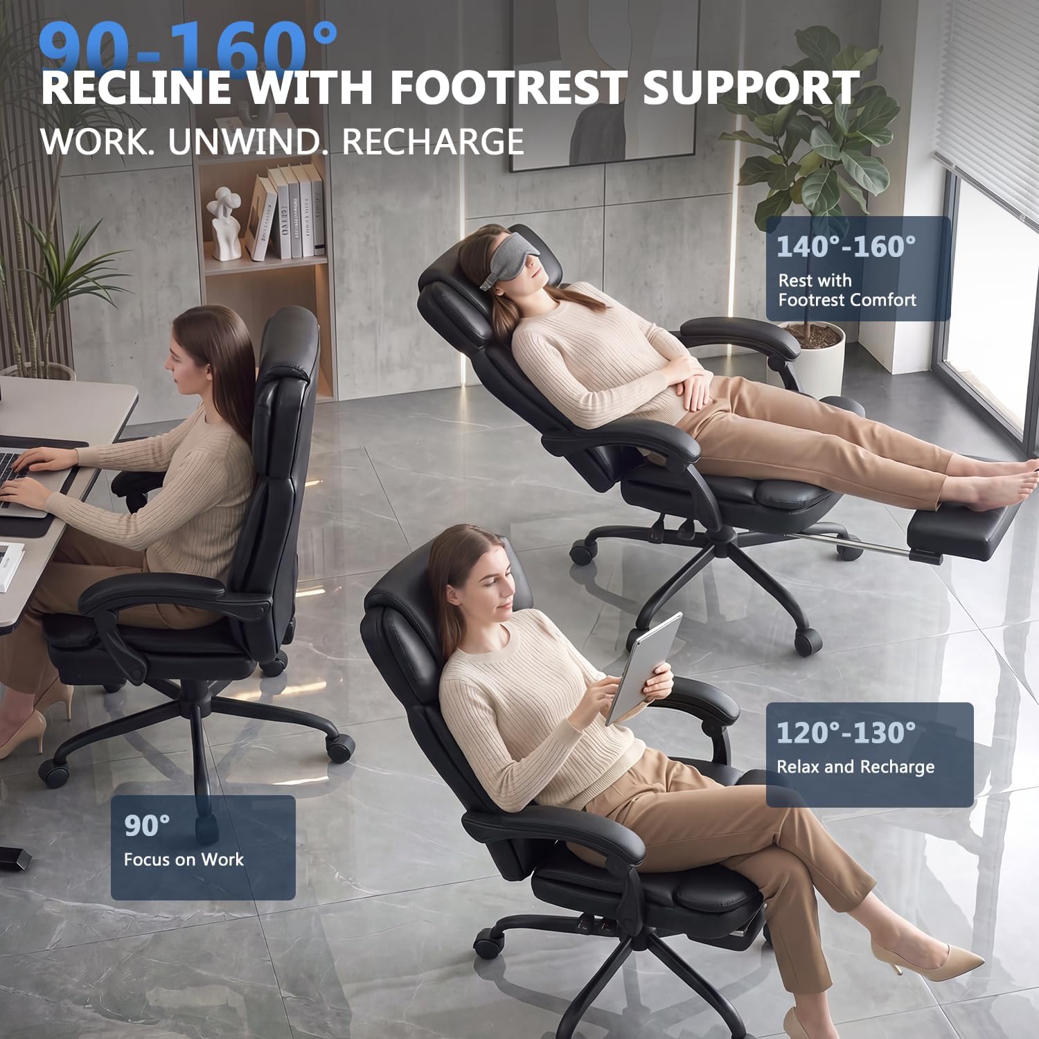 Executive High Back Home Office Chair with Foot Rest & Adjustable Headrest for Lower Back Pain Relief, Comfy Ergonomic Computer Desk Chair 400lb, Padded PU Leather Chair, Pocket Spring seat
