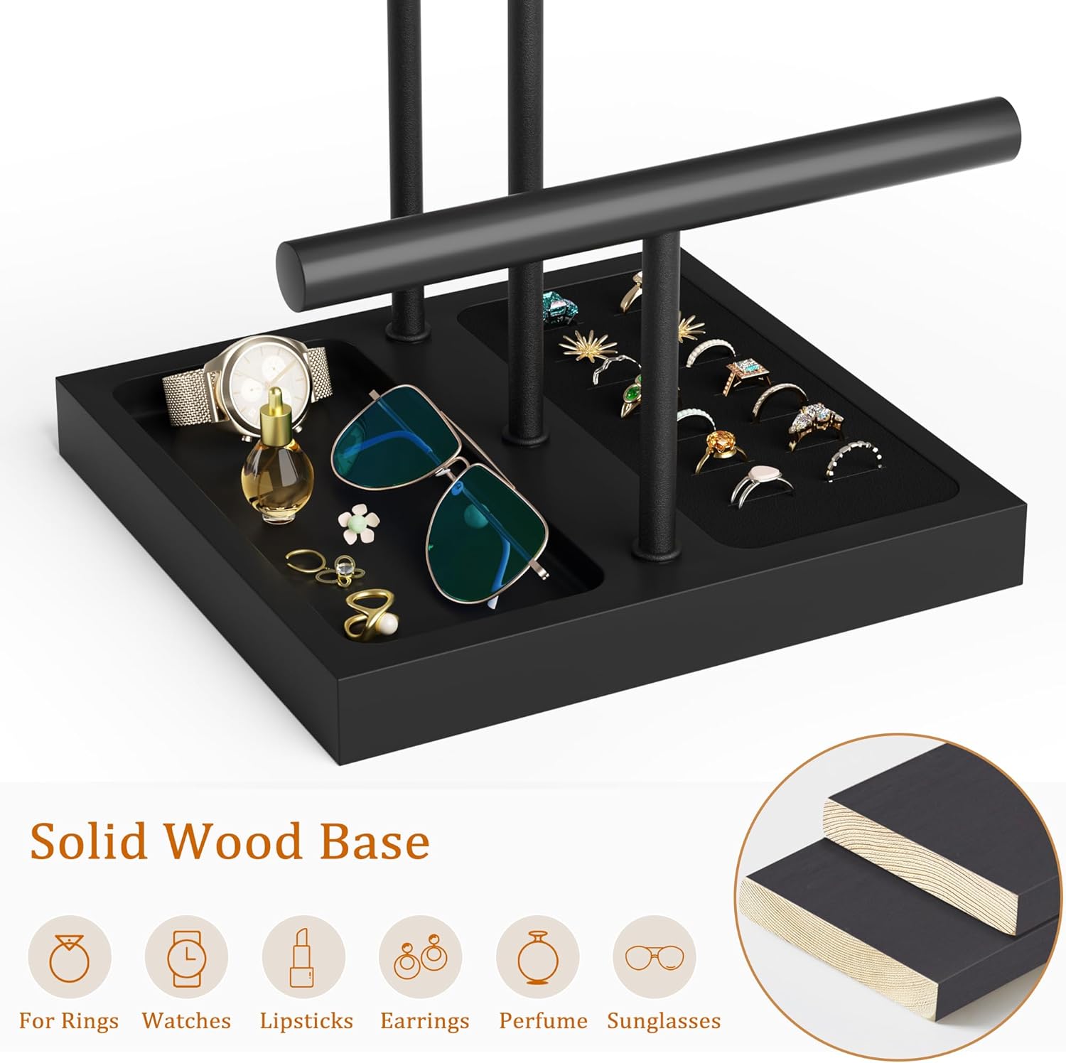 SZQINJI Bracelet Holder Display Organizer Stand, Necklace Holder Jewelry Holder Stand, Solid Wood Base with 3 Tier Metal T-bar for Bracelet Necklace Scrunchie Wristband Bangle Watch Ring, Black