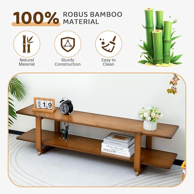 HollyHOME Bamboo TV Stand with Storage for TVs up to 65'', Modern Entertainment Center with 2 Open Shelf, Accent Media Console Table for Living Room, Bedroom, 55"(L), Walnut