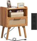 Lerliuo Rattan Nightstand with Charging Station, Side Table with Drawer, Cane Accent Bedside End Table with Solid Wood Legs, Night Stand for Bedroom, Dorm and Small Spaces (Tea Brown)