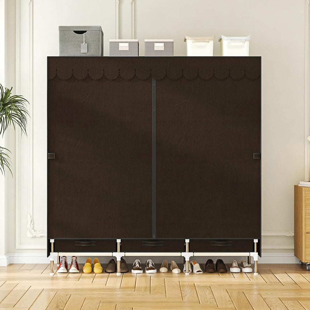 Portable Wardrobe 3 Rods 3 Drawers 3 Compartments Non-Woven Fabric Metal Fram...