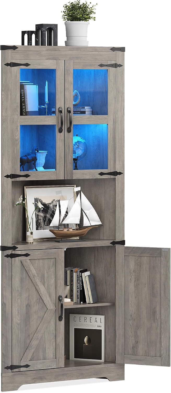GarveeHome 67 in Tall Corner Storage Cabinet with Lights, Farmhouse Corner Hu...