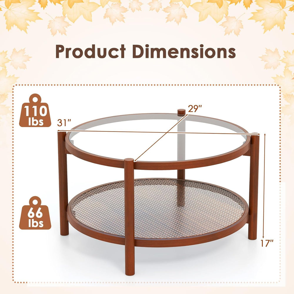 Rattan Coffee Table, 2-Tier Boho Glass Coffee Table with Solid Wood Frame &am...