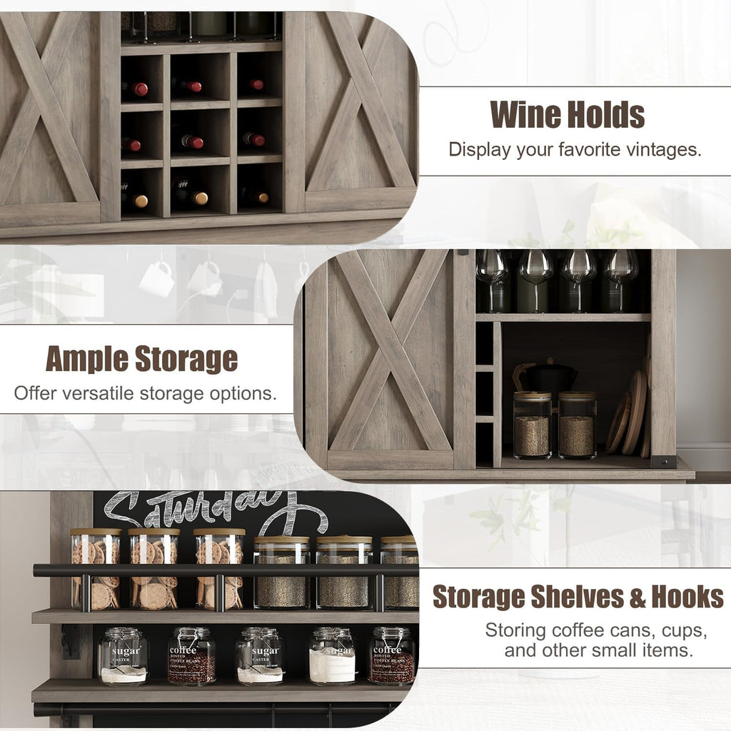 GarveeHome Bar Cabinet 75 in Tall Coffee Hutch Large Kitchens Hutch Farmhouse Coffee Bar Cabinet Cupboard with Sliding Barn Door (Gray)