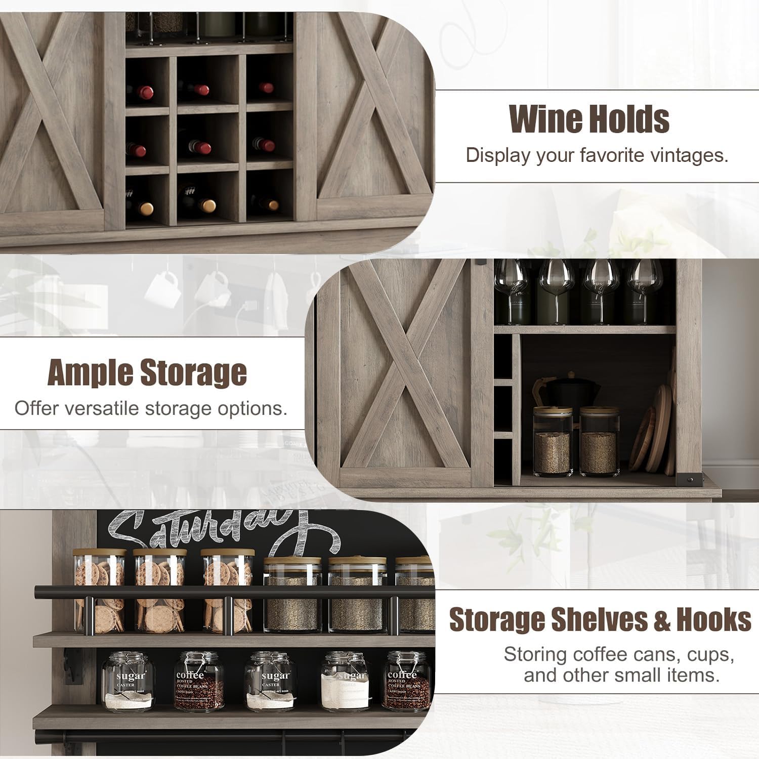 GarveeHome Bar Cabinet 75 in Tall Coffee Hutch Large Kitchens Hutch Farmhouse Coffee Bar Cabinet Cupboard with Sliding Barn Door (Gray)