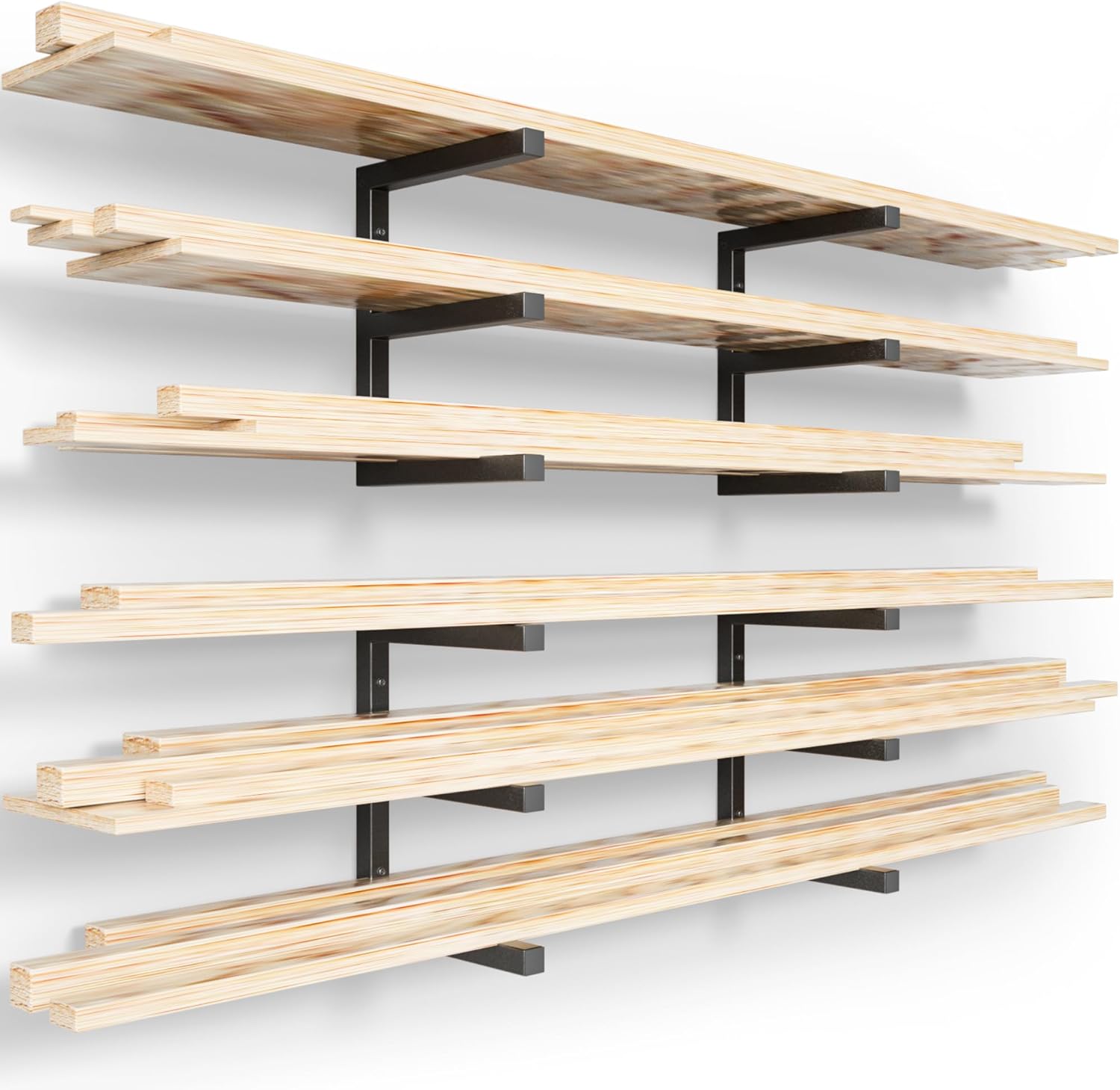 YYR Wood Organizer and Lumber Storage Rack Wall Mount, Heavy Duty Metal Shelf with 6-Level Holds Up 1200 LBS, Indoor & Outdoor Use - Black