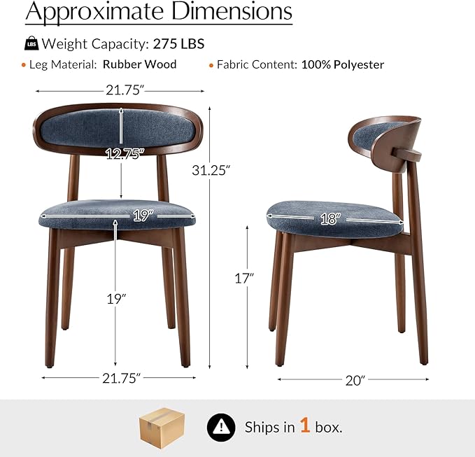 HULALA HOME Dining Chairs Set of 2 Mid-Century Modern Fabric Upholstered Dining Room Chairs Kitchen Side Chair with Open Curved Back, Walnut Rubber Wood Legs, Dinner Chairs for Living Room, Admiral