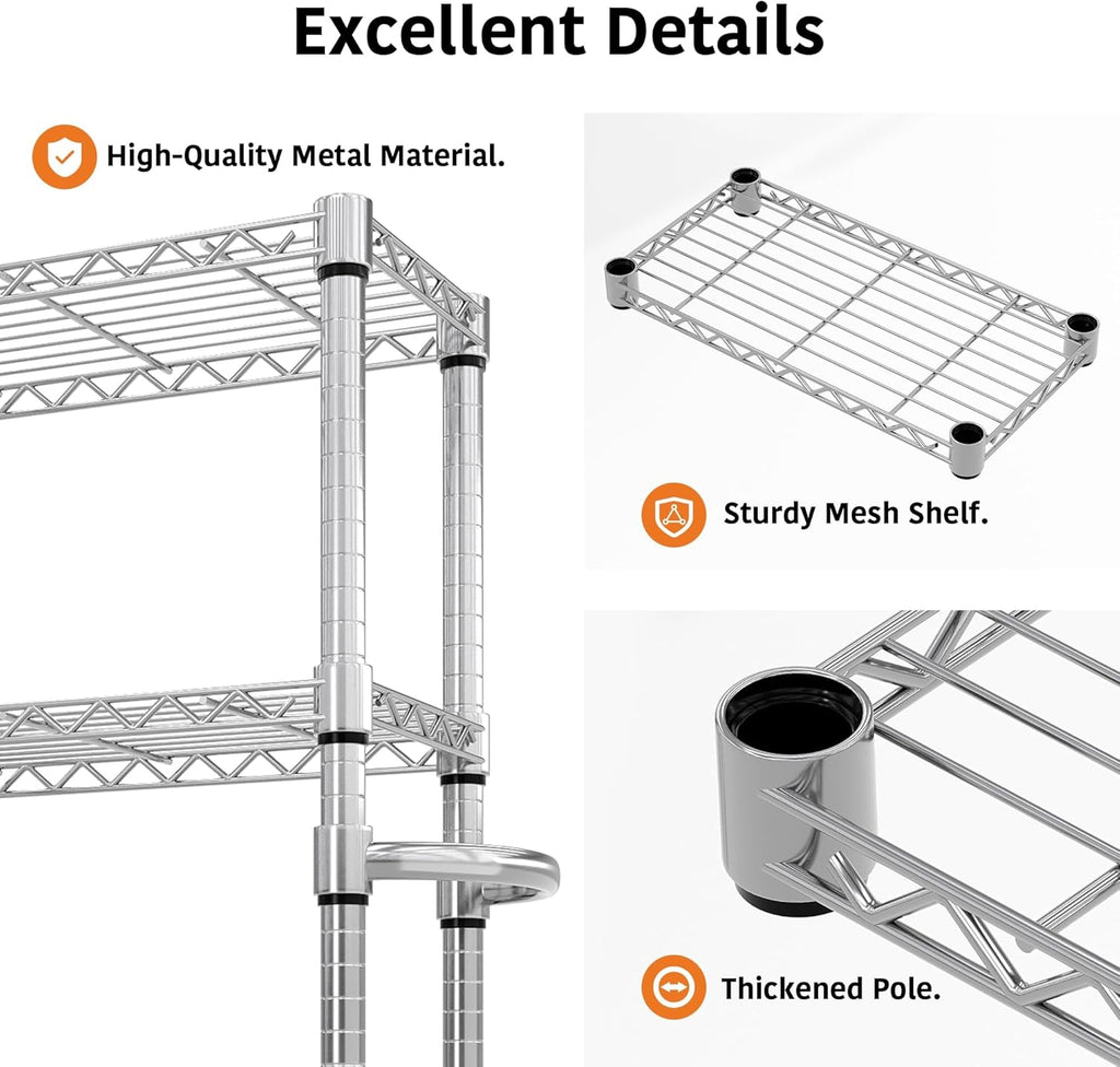 5-Tier Metal Storage Shelving Unit with Wheels, Adjustable Wire Shelf Rack with Side Handle, Stable Metal Shelves Organizer for Pantry, Kitchen and Closet,11.8" W x 23.6" D x 61" H