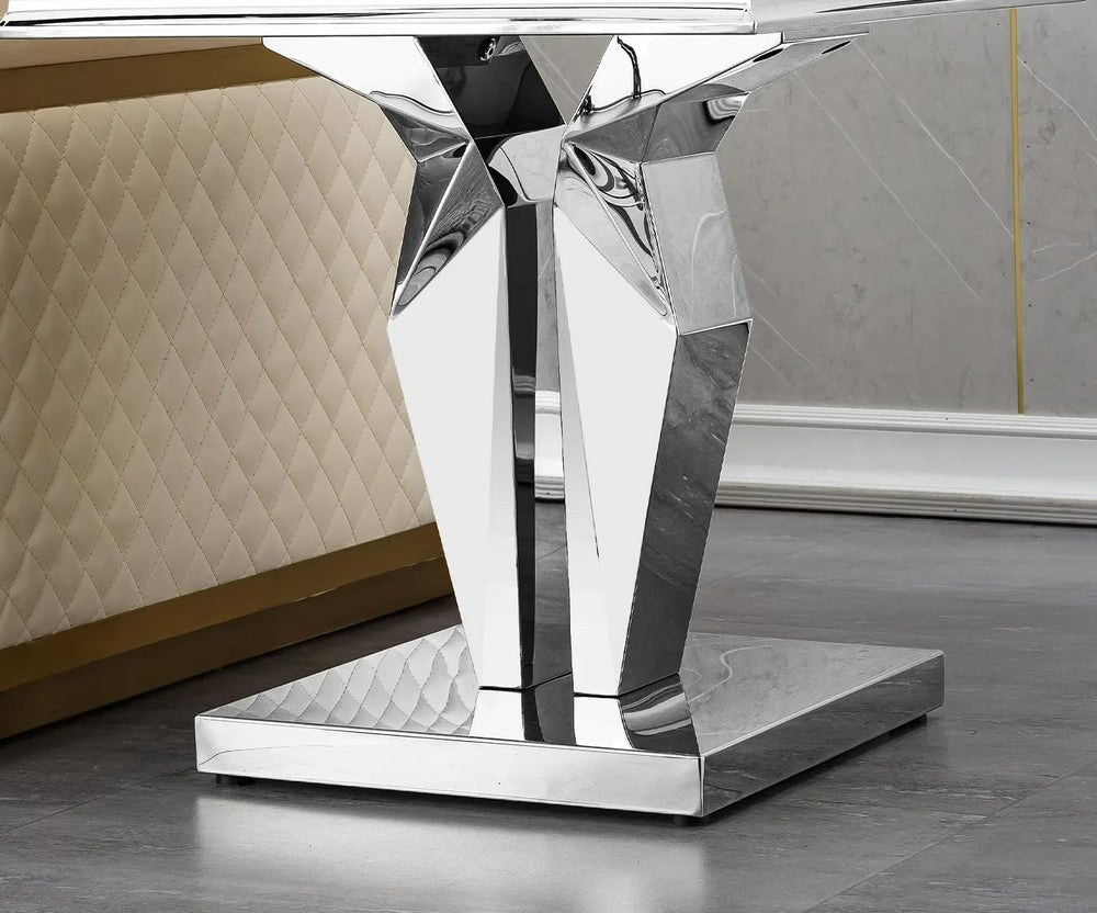 Modern Marble End Table, Sqaure Sofa Side Table with Silver Mirrored Stainles...