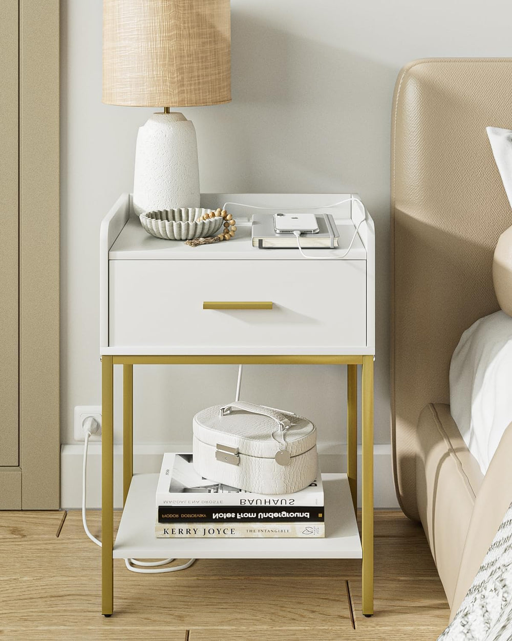 Aienvey Nightstand with Charging Station,Bedside Table with Drawer and 2 Shel...