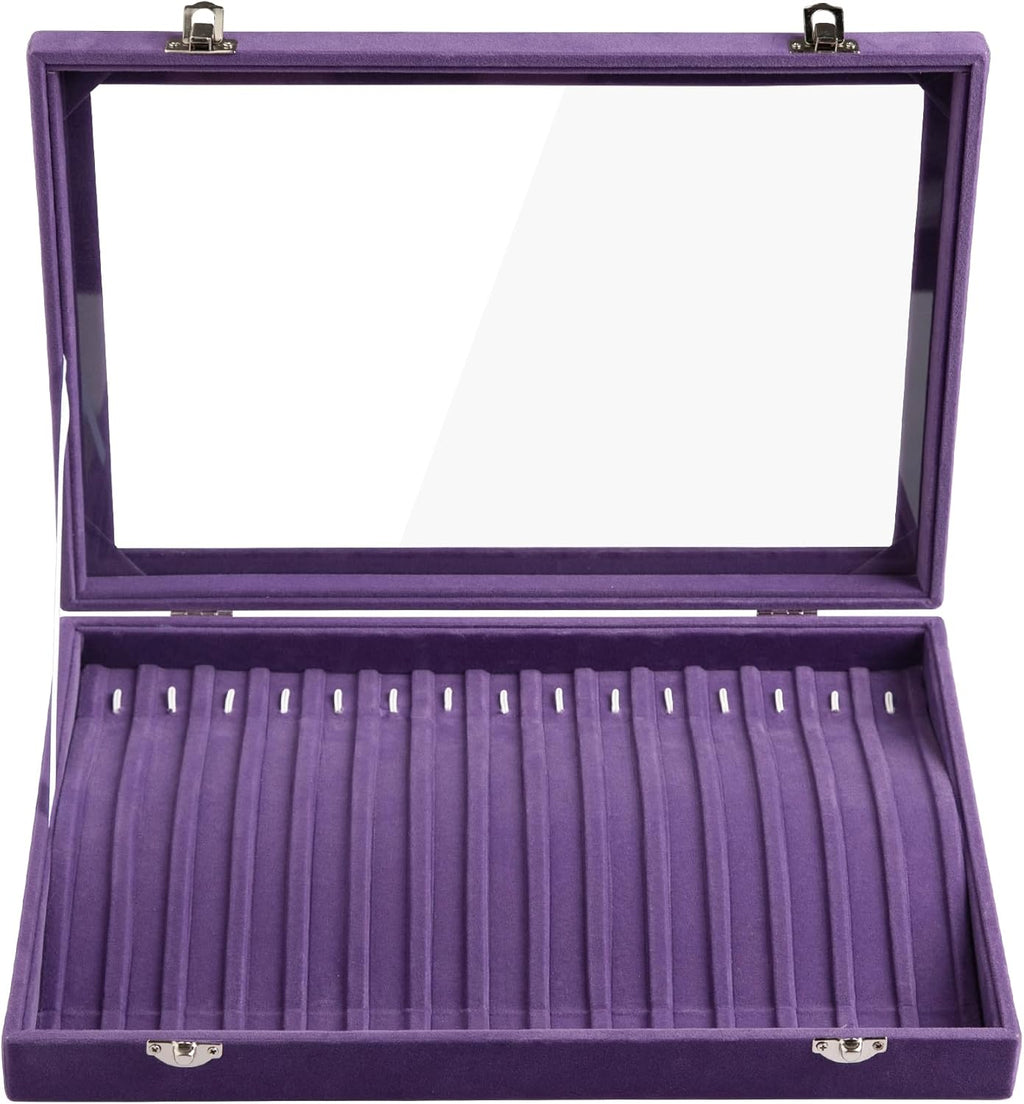 Frebeauty 15 Hooks Necklace Tray Velvet Neckalce Organizer with Clear Lid Lockable Necklace Holder Box Jewelry Organizer for Pendants Chains Necklace Jeweley Tray for Women (Purple)