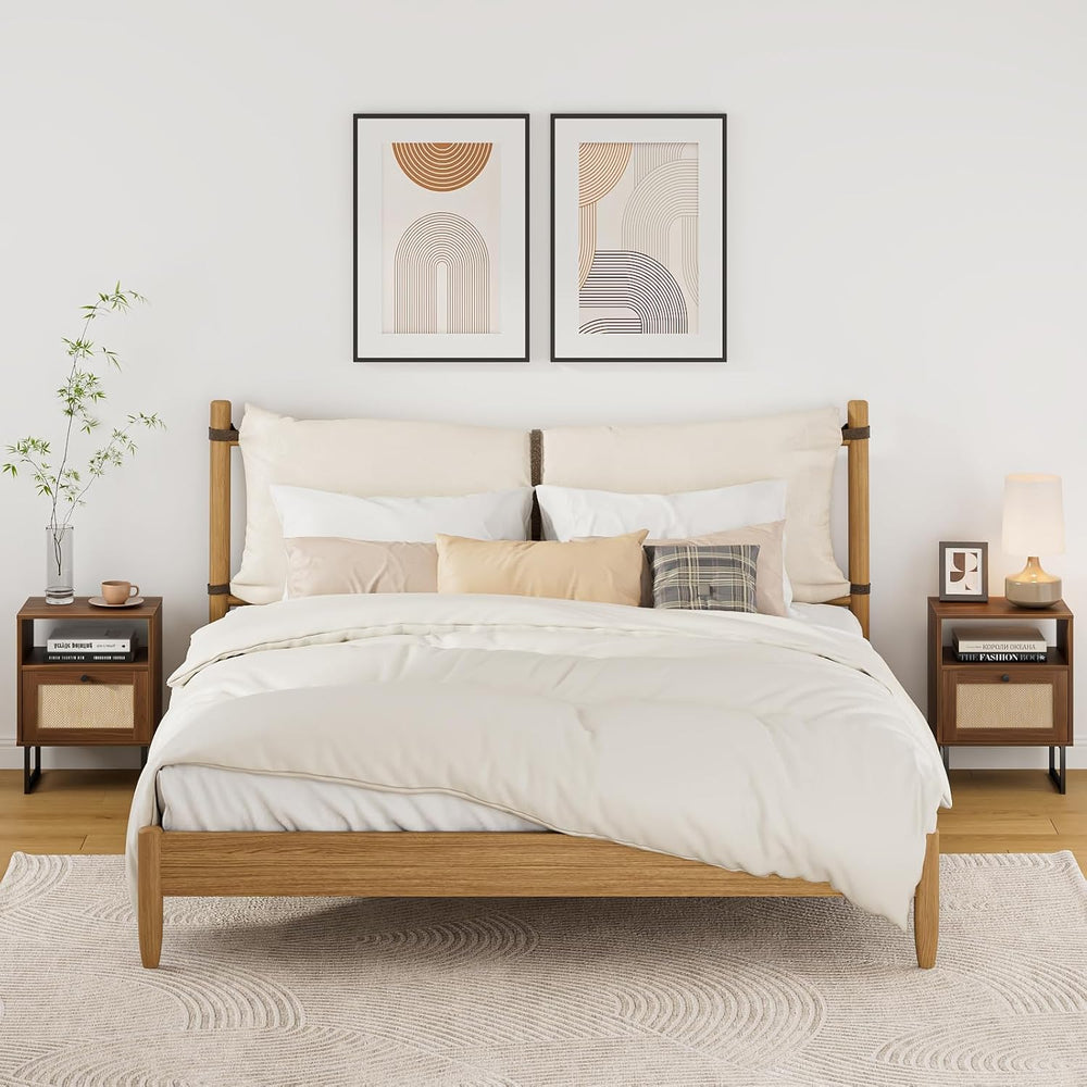 Rattan Nightstand, Boho Night Stand Farmhouse Wood Bedside Table with Storage...