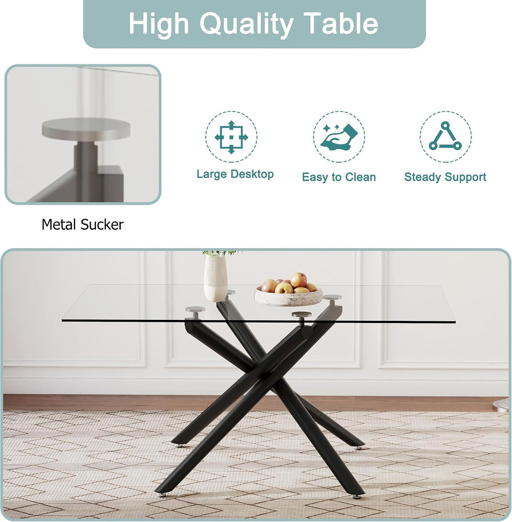 Glass Dining Table Set for 6, 63“ Dining Room Table Set,Rectangle Tempered Gl...