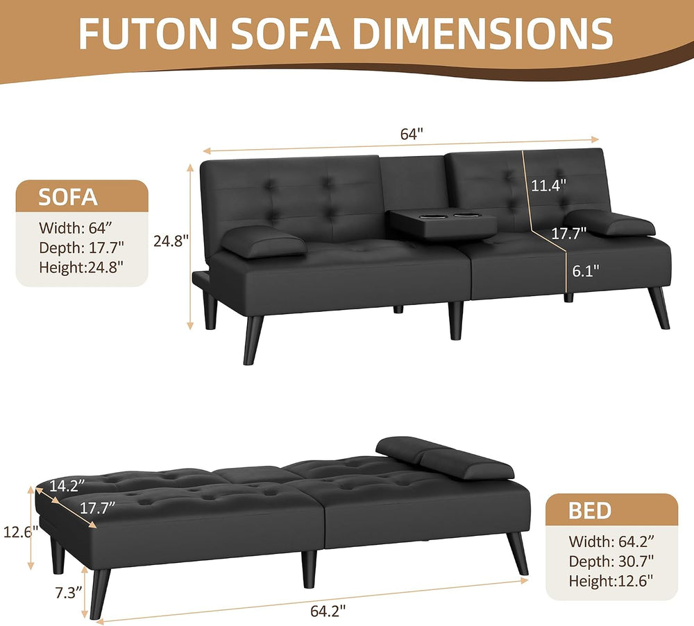 Shintenchi 64" Futon Sofa Bed, Leather Foldable Couch, Upholstered Loves...