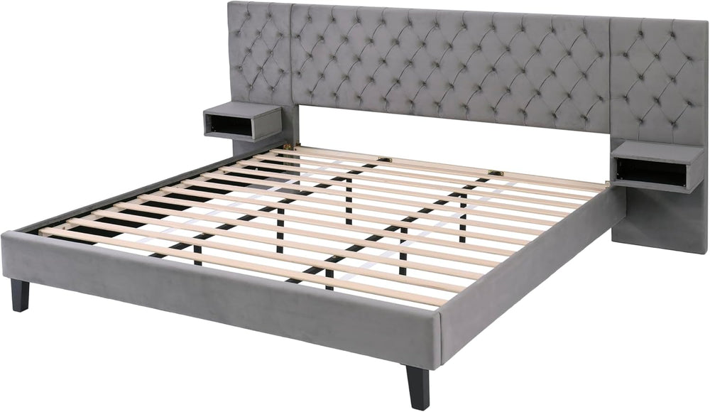 King Size Platform Bed with Headboard, Velvet Upholstered Platform Bed with 2...