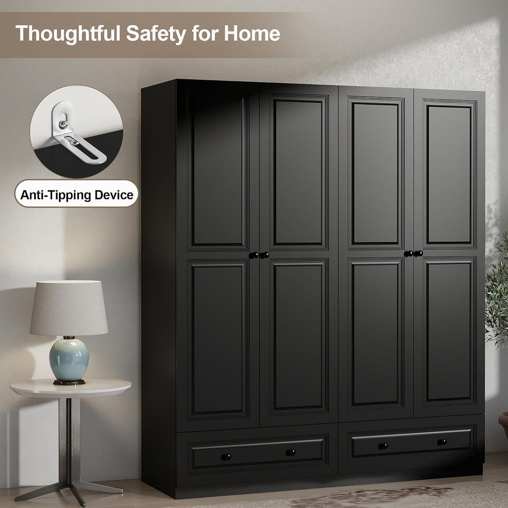 Armoire Wardrobe Closet with Doors: 74" Large Wardrobe Closet with 2 Drawers and 4 Doors, Modern Black Bedroom Armoires, Tall Closet Cabinet for Hanging Clothes (Black, 63")