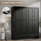 Armoire Wardrobe Closet with Doors: 74" Large Wardrobe Closet with 2 Drawers and 4 Doors, Modern Black Bedroom Armoires, Tall Closet Cabinet for Hanging Clothes (Black, 63")
