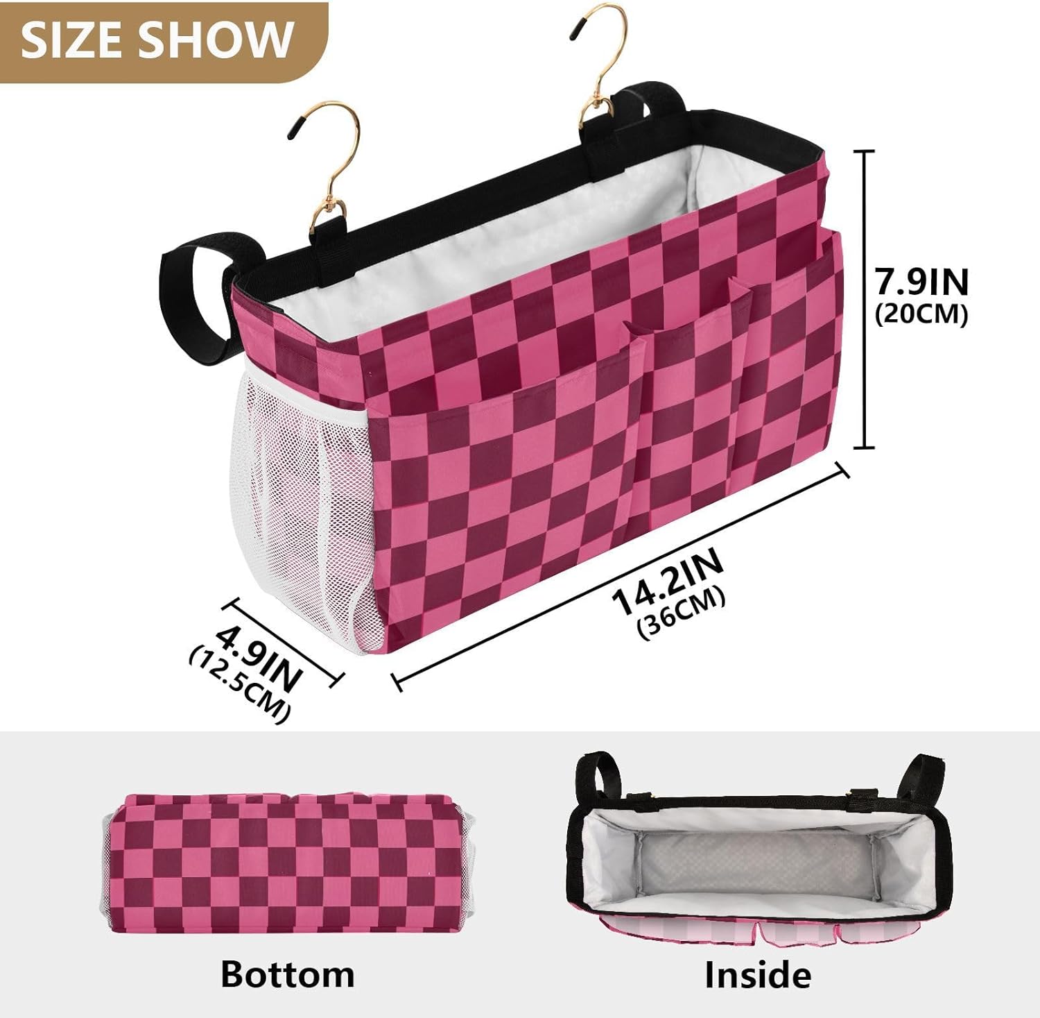 Checkered Hot Pink Bedside Caddy for Dorm Bed Bedside Hanging Caddy Bag Iron Frame Storage Organizer Pocket for Bunk Home College Hospital Beds 2 Hooks