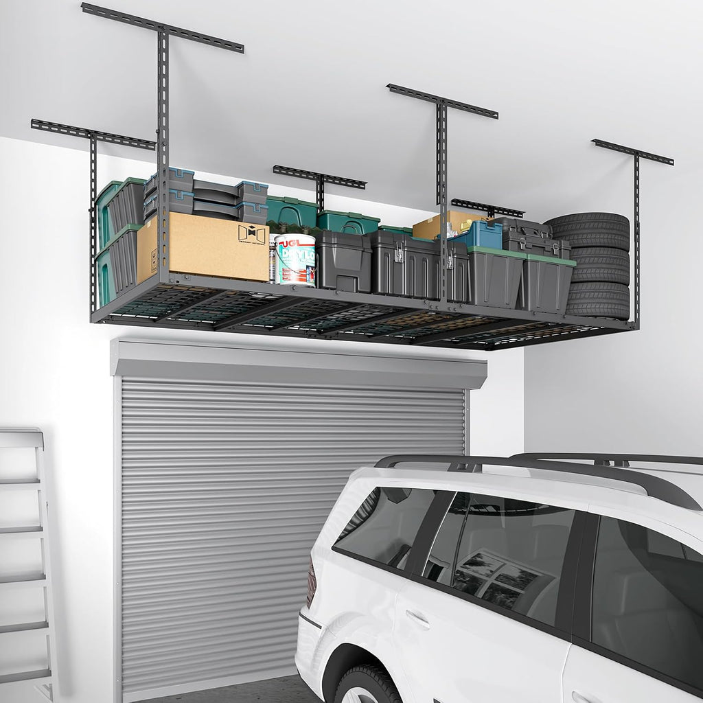 4x8 FT Overhead Garage Storage Rack, 26"-40" Height Adjustable Heavy Duty Garage Ceiling Storage Rack, 750LBS Capacity Metal Hanging Organizer System for Garage