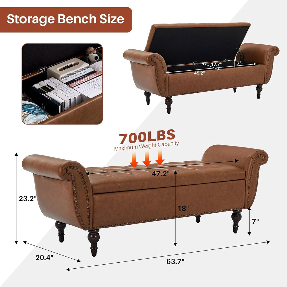 63.78" Inch Storage Bench for Bedroom Faux Leather End of Bed Bench with...