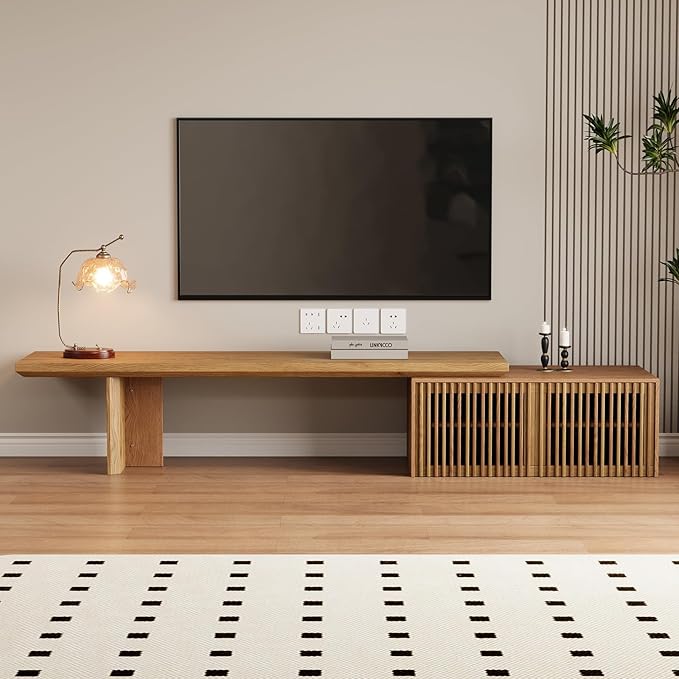 XEW Extendable TV Stand with Storage and Shelves, Wood Entertainment Center for 55+ Inch TV, Modern TV Console, Minimalist Media Console for Living Room, Bedroom-Wood (Extendable: 78.7"-110")