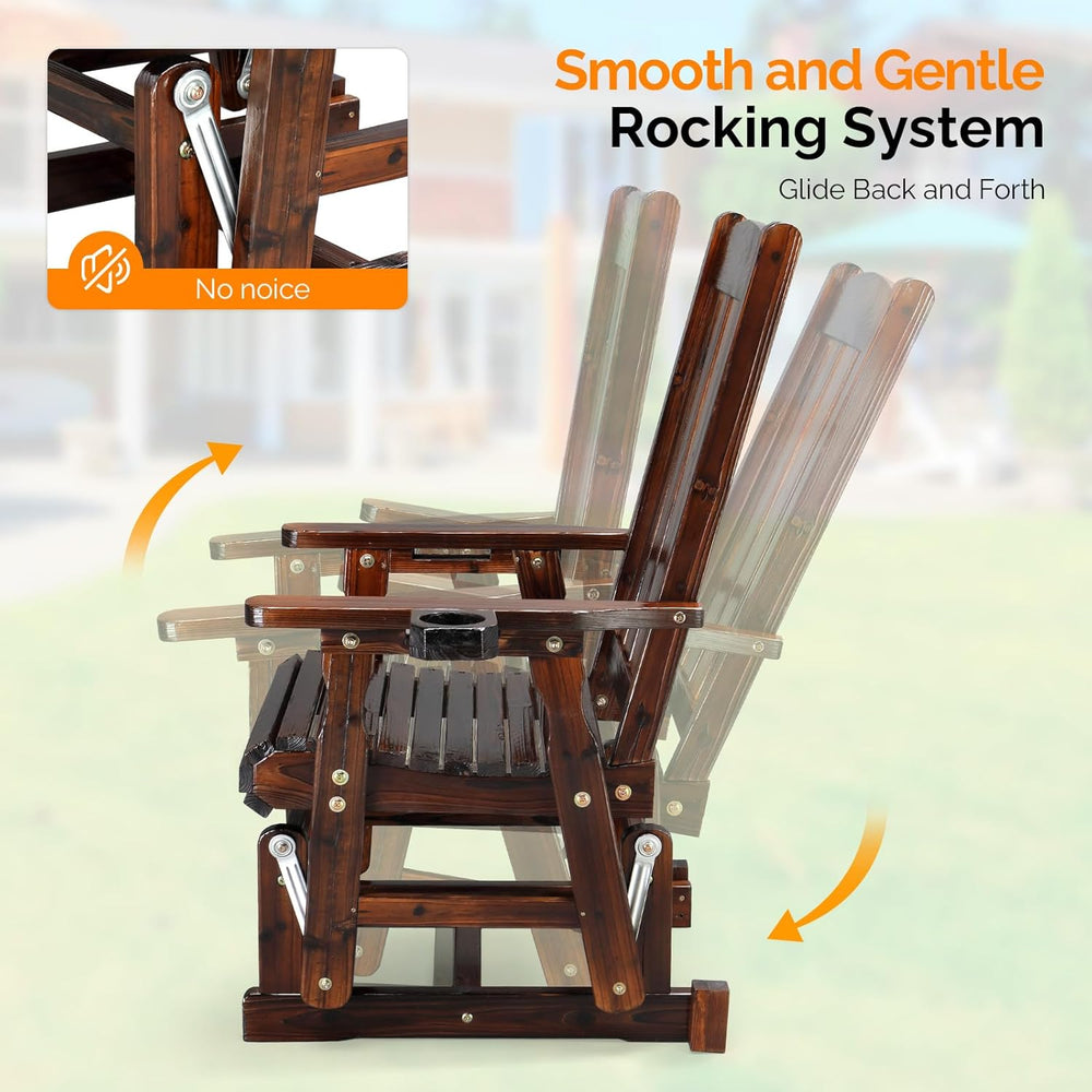 VINGLI Outdoor Glider Chair Wood Patio Glider with Cup Holder, Porch Glider w...