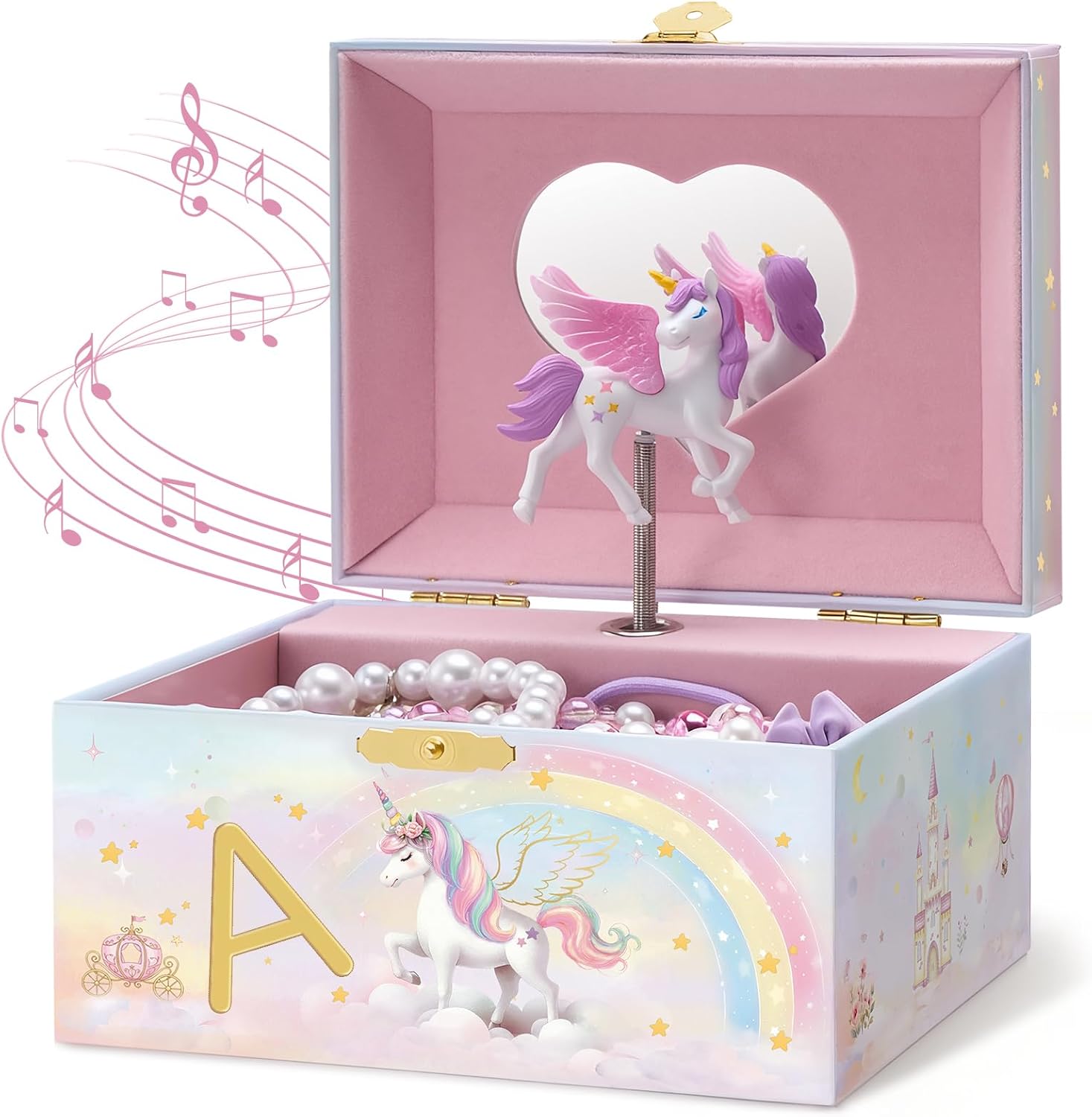 Lolalet Unicorn Jewelry Box for Girls, Kids Initial Musical Jewelry Organizer with Spinning Doll, Personalized Birthday Gifts for Little Girls Children Toddler Ages 3 4 5 6 7 8 (Box Only) -Letter A