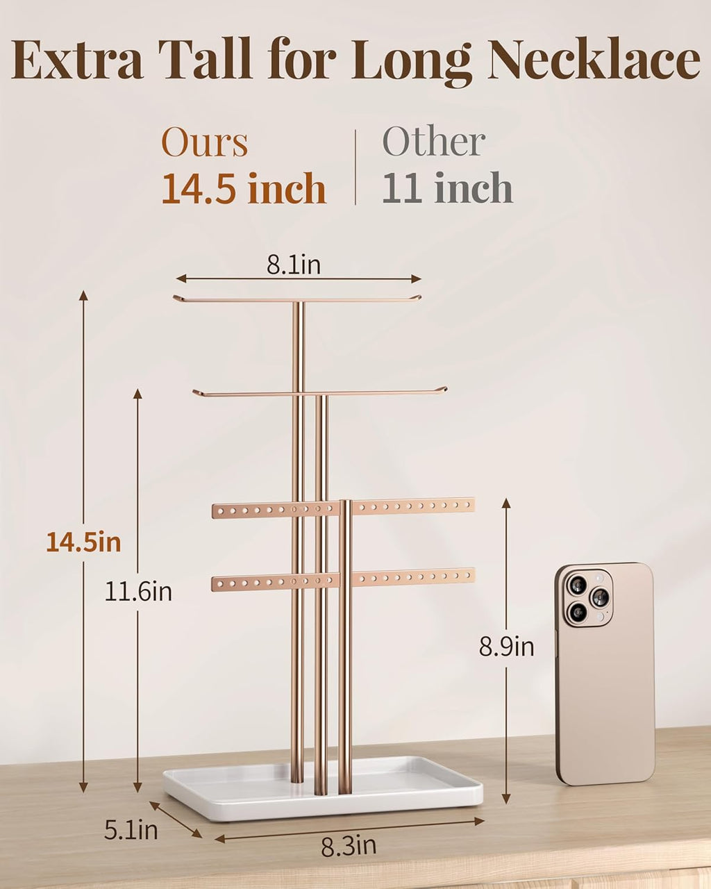 pickpiff Jewelry Stand Holder Organizer: 14.5" Sturdy Hanger for 80 Pcs Jewelry, Rose Gold Jewlery Tower for Display Necklace, Earring, Bracelet, Watch