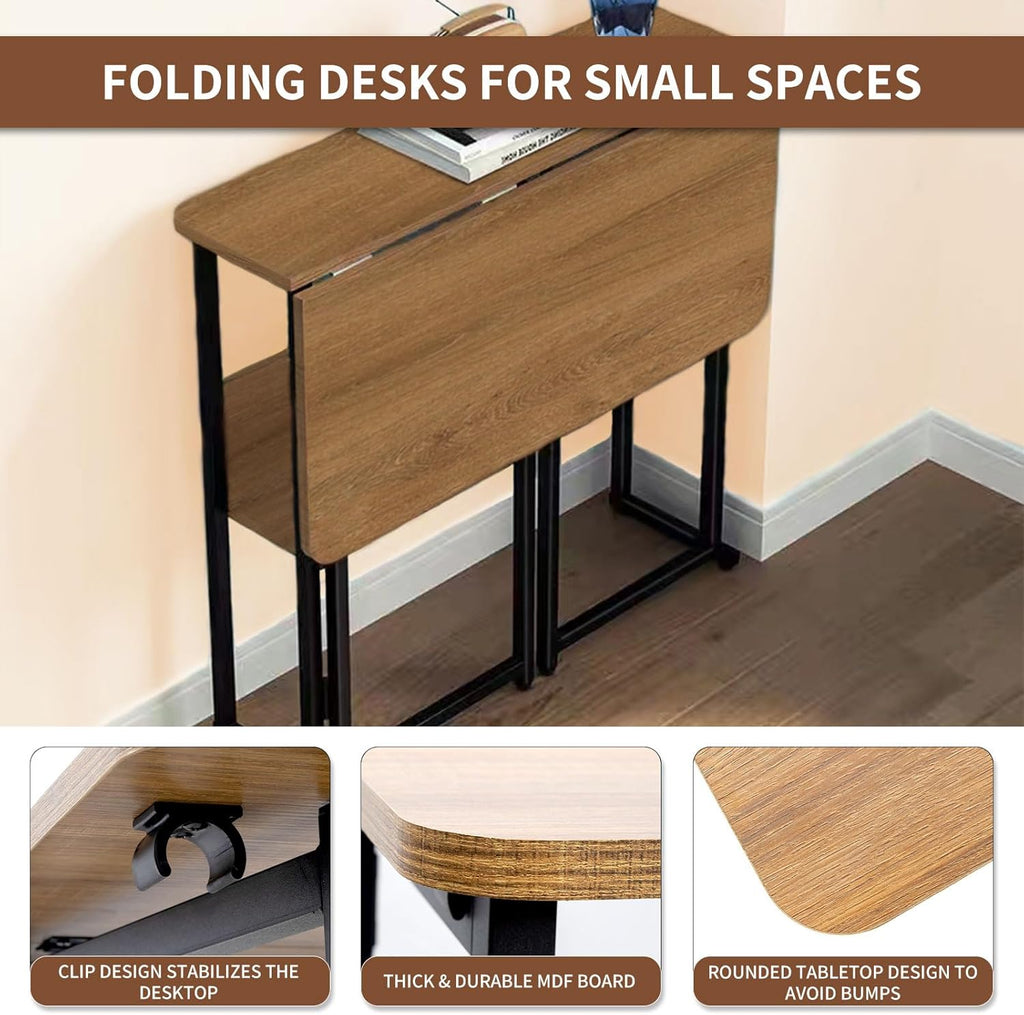 Mobile Foldable Desk w/ 6 Wheels,Portable Rolling Small Computer Desk w/Storage Shelves, Folding desks for Small Spaces, Computer Table for Home Office Bedroom Living Room-Brown